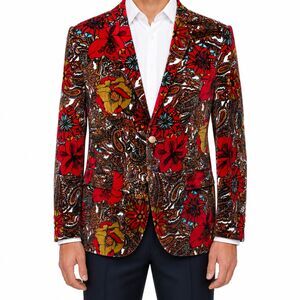 Mens 42R Floral Paisley Velvet Blazer Multicolor Gold Button Statement Jacket